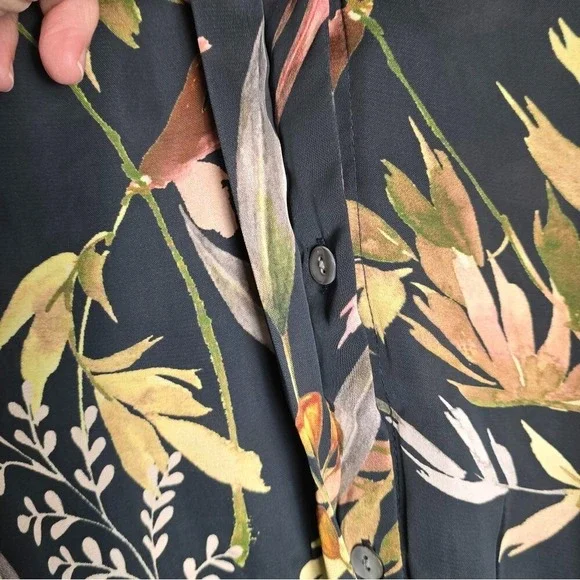 Elan Womens M Maxi Dress Long Lng Sleeve Tie Waist Button Up Black Olive Floral - Picture 10 of 11